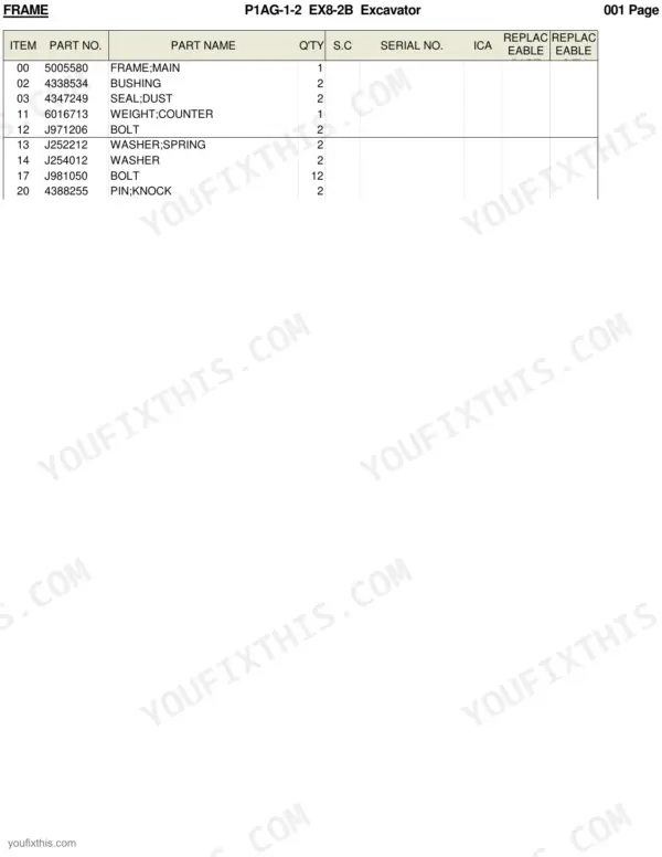 Hitachi EX8-2B parts list for main frame, counterweight, bushings, and hardware components.