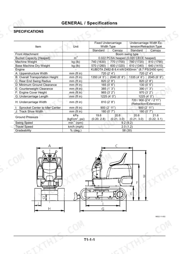 Hitachi EX8-2B technical manual page showing general specifications table and dimensional diagram for excavator components.