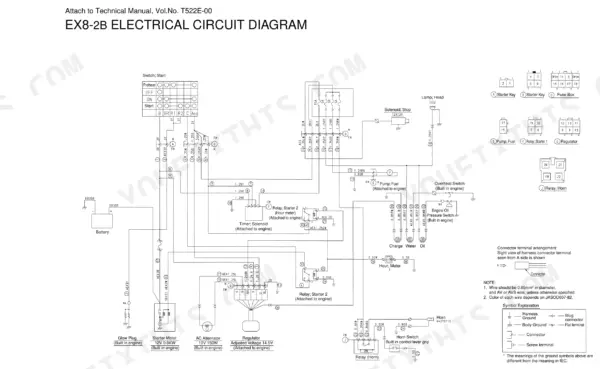 Hitachi EX8-2B electrical circuit diagram showing battery, starter motor, alternator, relays, and connector pinouts.