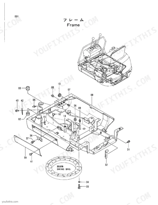 Hitachi EX8 exploded view diagram of the main frame assembly and swing bearing components.