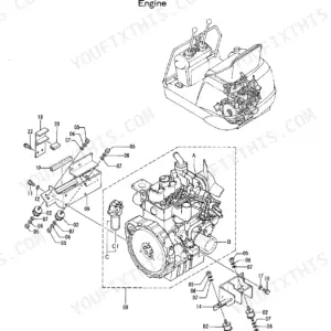 Hitachi EX8 engine exploded view showing engine mounting brackets, rubber mounts, and hardware assembly components.