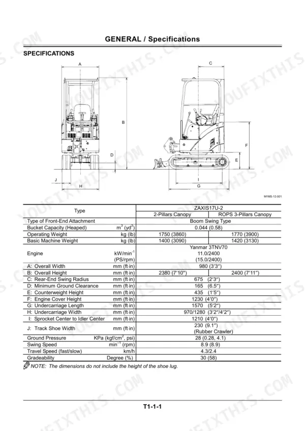 Hitachi Zaxis 17U-2 general specifications table with machine dimensions