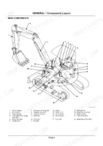 hitachi-zaxis-to-50u-hydraulic-excavator-technical-manual-t1lde-00-exploded-view-38.webp Hitachi ZAXIS 40u, 50u component layout diagram showing main parts like cylinders, engine, pump, and valves with index.