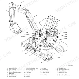Hitachi ZAXIS 40u, 50u component layout diagram showing main parts like cylinders, engine, pump, and valves with index.