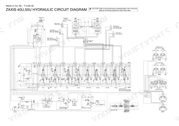 Hitachi ZAXIS 40U, 50U hydraulic circuit diagram showing control valve, pump, pilot valves, and cylinder connections.