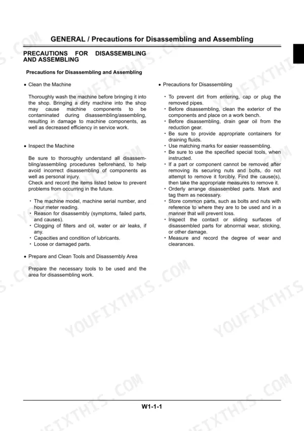 Hitachi ZAXIS 40u, 50u manual page detailing general precautions for disassembling and assembling heavy equipment components.