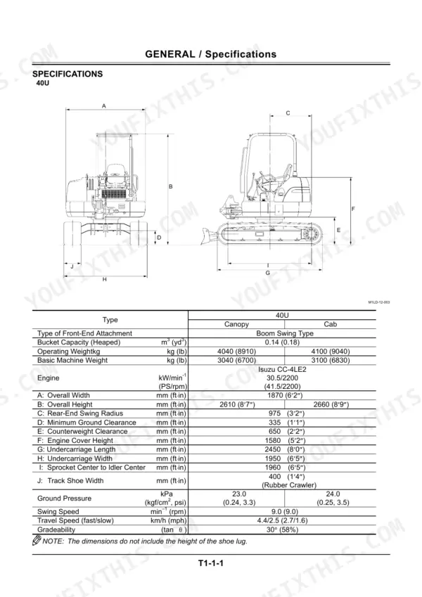 Hitachi ZAXIS 40U specifications table and dimensional diagram for canopy and cab models including weights and dimensions.