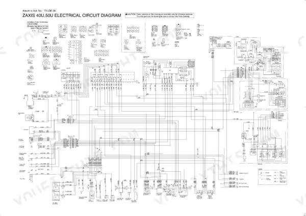 Hitachi ZAXIS 40u, 50u electrical circuit diagram showing connector terminal locations, CPU, gauge panel, and wiring schematics.