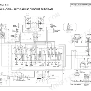 Hitachi ZAXIS27U-2 to 4TNV106(T) hydraulic circuit diagram showing control valves, pilot valves, and cylinders for ZAXIS30U-2/35U-2.