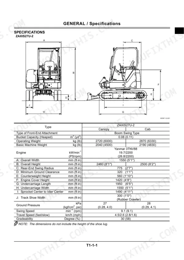Hitachi ZAXIS27U-2, ZAXIS30U-2, ZAXIS35U-2, ZAXIS40U-2, ZAXIS50U-2, 3TNV82A, 3TNV84, 3TNV84(T), 3TNV88, 4TNV84(T), 4TNV88, 4TNV94L, 4TNV98, 4TNV98(T), 4TNV106(T) ZAXIS27U-2 dimensional diagram and technical specifications table.