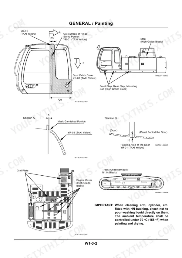 Hitachi ZAXIS450, 450H, 450LC, 450LCH, 460LCH painting diagram showing color codes for cab, steps, and undercarriage components.