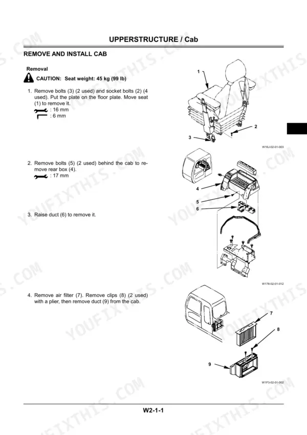 Hitachi ZAXIS450, 450H, 450LC, 450LCH, 460LCH cab removal procedure, seat and air duct component diagrams.