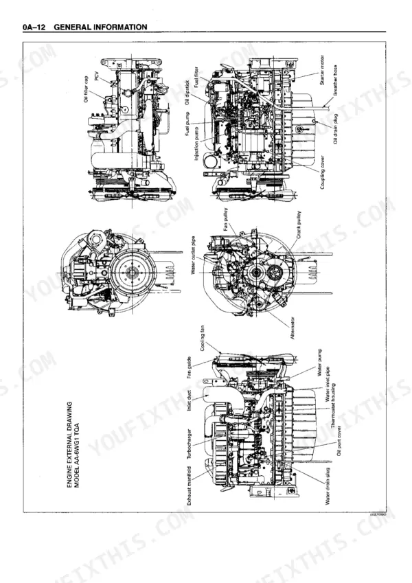 Hitachi ZAXIS450, 450H, 450LC, 450LCH, 460LCH engine external drawing for AA-6WG1 TQA showing component locations.