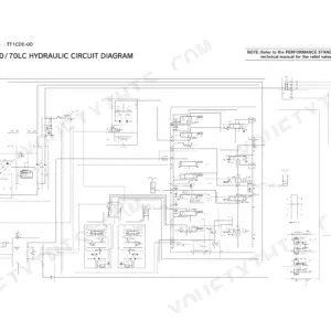 Hitachi ZAXIS70, ZAXIS70LC hydraulic circuit diagram showing pumps, control valves, and cylinder connections.