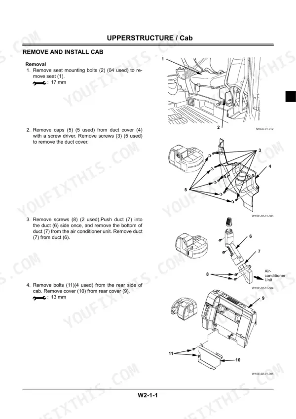 Hitachi ZAXIS70, ZAXIS70LC cab removal procedure, seat and air conditioner ducting disassembly diagrams.
