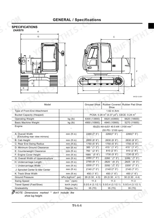Hitachi ZAXIS70, ZAXIS70LC general specifications table and dimensional diagram for excavator machine components.