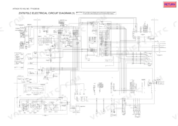 Hitachi ZAXIS70, ZAXIS70LC electrical circuit diagram showing battery, monitor, controller, and cabin wiring connections.