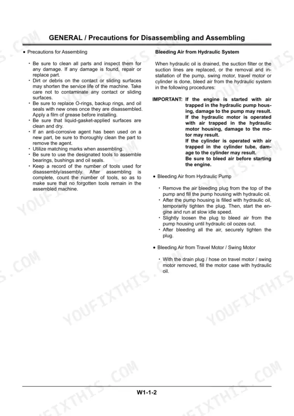 Hitachi ZX140W-3 technical manual - Hydraulic and Machine Circuit Diagrams, GENERAL / Precautions for Disassembling and Assembling