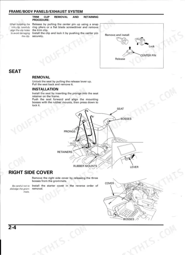 Honda TRX680FA/FGA, TRX650FA trim clip removal, seat removal, and right side cover installation procedures.