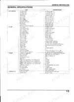 Honda TRX680FA/FGA, TRX650FA general specifications table for dimensions, frame, engine, and carburetor components.