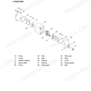 Hyundai HL730-3 brake pump exploded view diagram showing gear, bushing, and seal assembly components with parts list.
