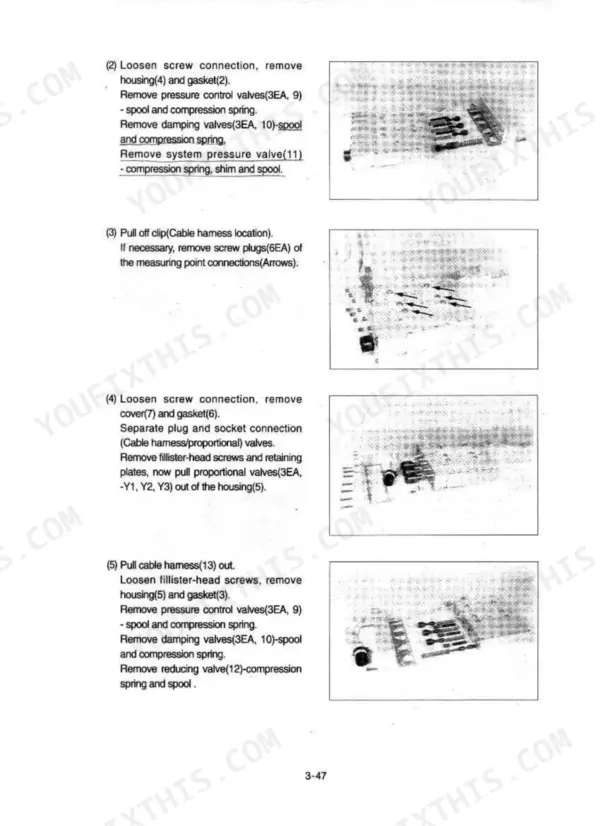 Hyundai HL730-3 service manual procedure for removing pressure control, damping, and proportional valves from housing.