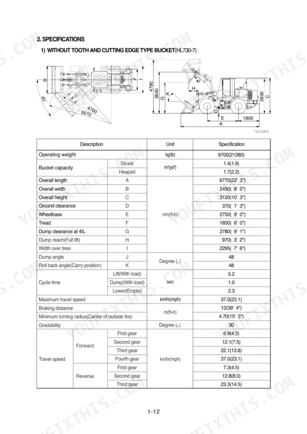 Hyundai HL730-7, HL730TM-7 wheel loader specifications diagram and technical data table for bucket and travel performance.
