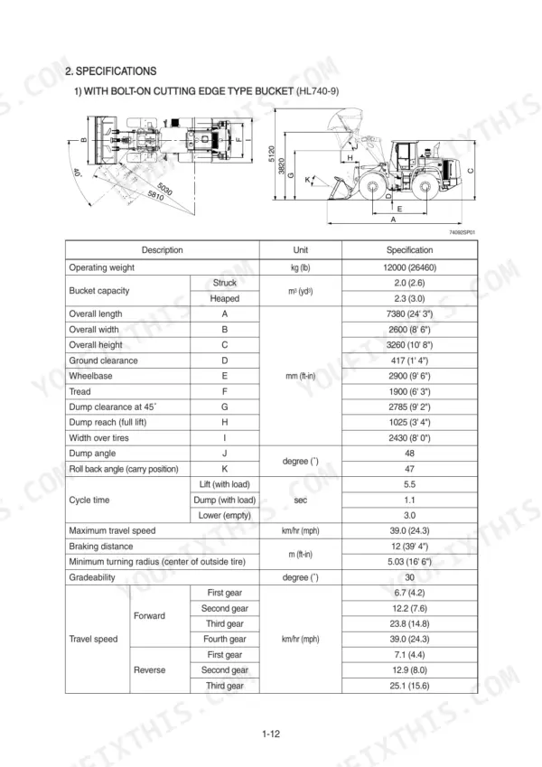 Hyundai HL740-9, HL740XTD-9, HL740TM-9 wheel loader dimensions diagram and technical specifications table.