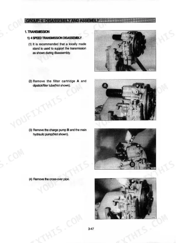 Hyundai HL750 4-speed transmission disassembly procedure, showing filter cartridge and charge pump removal steps.