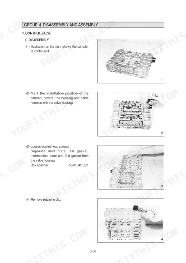 Hyundai HL757-7 control valve disassembly procedure showing steps to remove housing, gaskets, and retaining clips.
