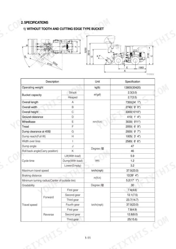 Hyundai HL757-7 wheel loader specifications table and dimensional diagram for bucket without teeth or cutting edge.
