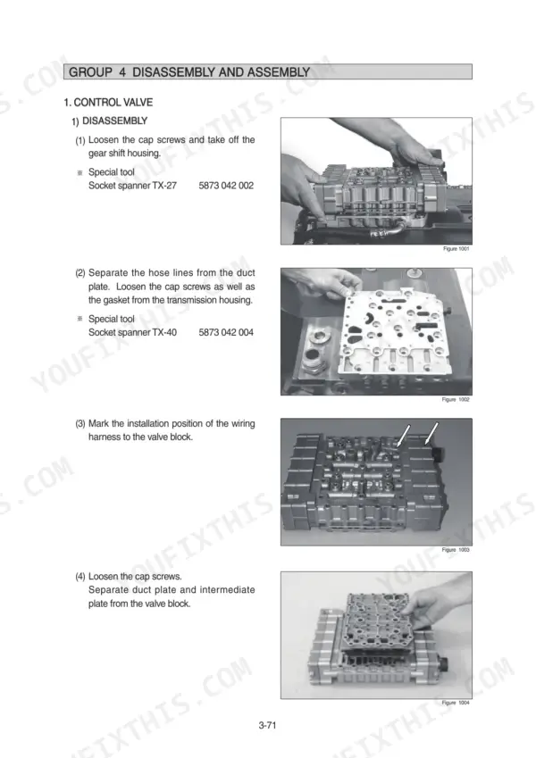 Hyundai HL770-9, HL770XTD-9 control valve disassembly procedure showing gear shift housing and duct plate removal steps.