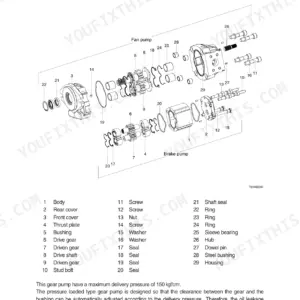 Hyundai HL780-9, HL780XTD-9 exploded view of brake and fan gear pump structure with numbered parts list.