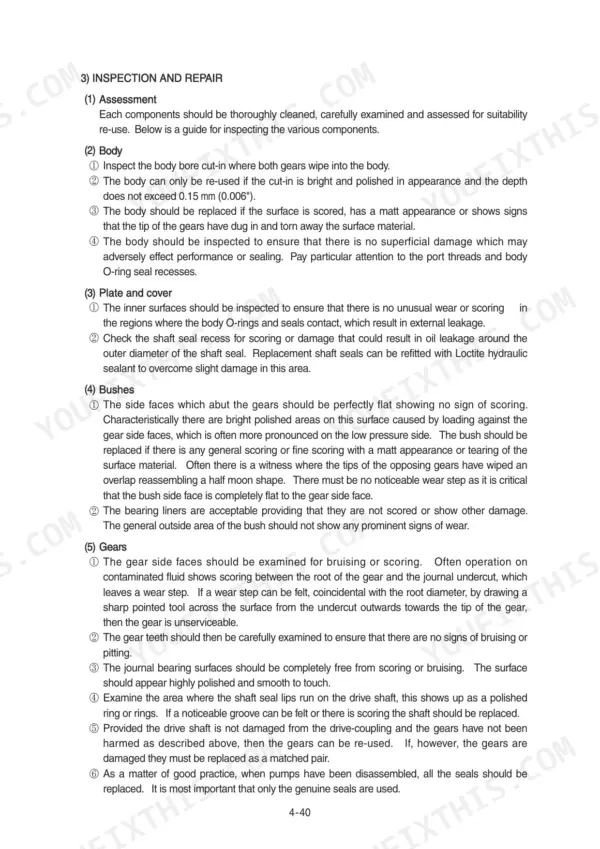 Hyundai HL780-9, HL780XTD-9 service manual inspection and repair procedures for pump body, plate, bushes, and gears.