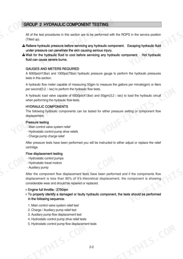 Hyundai HSL650-7 hydraulic component testing procedures, required gauges, and pressure and flow test sequences.