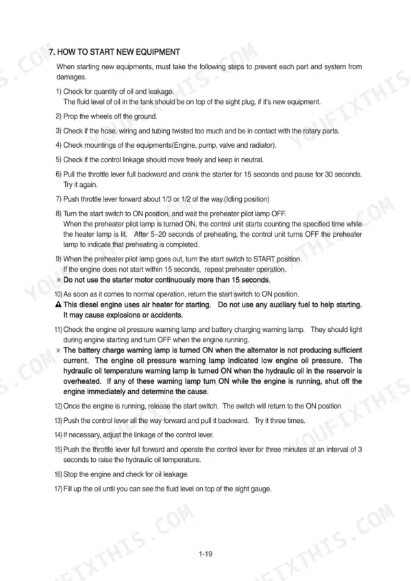 Hyundai HSL650-7 service manual page detailing procedures for starting new equipment, including preheating and engine checks.