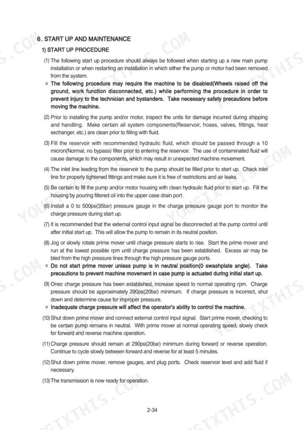 Hyundai HSL650-7 main hydraulic pump and motor start-up procedure and maintenance instructions.