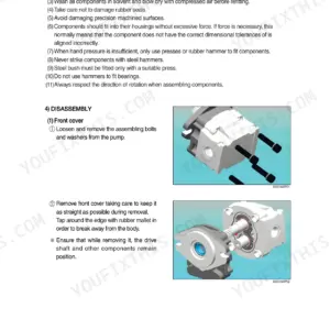 Hyundai HSL850-7A hydraulic pump disassembly procedure, showing front cover removal steps and component diagrams.
