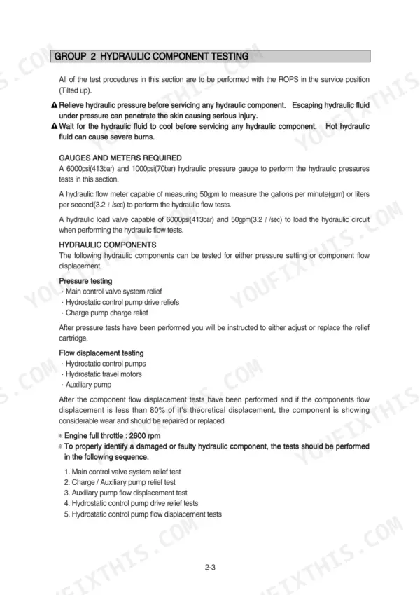 Hyundai HSL850-7A hydraulic component testing procedures, required gauges, and pressure and flow test sequences.