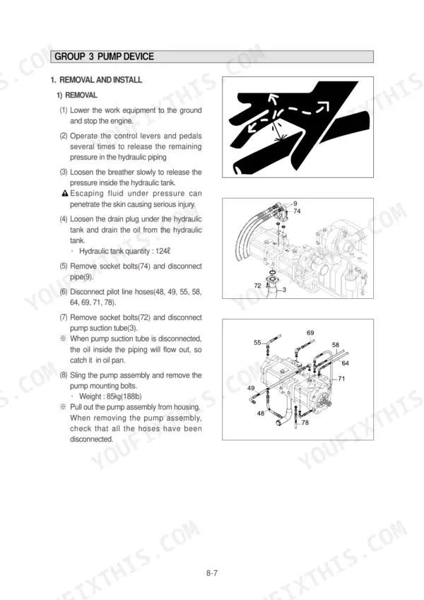 Hyundai R140LC-7, R140LCD-7, R140LCM-7 pump device removal and installation procedure with hydraulic pump diagrams.