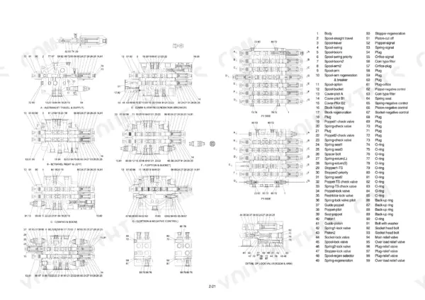 Hyundai R140LC-7, R140LCD-7, R140LCM-7 main control valve exploded view diagrams and component parts list.