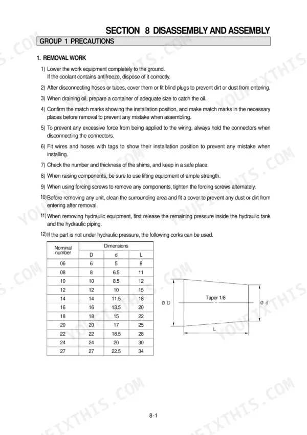Hyundai R160LC-7 disassembly and assembly precautions, removal work procedures, and cork dimension table with taper diagram.