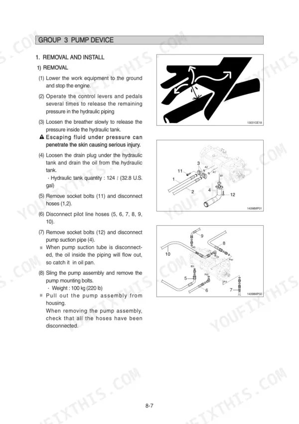 Hyundai R160LC-9, R180LC-9: Pump device removal and install procedures with hydraulic hose connection diagrams.