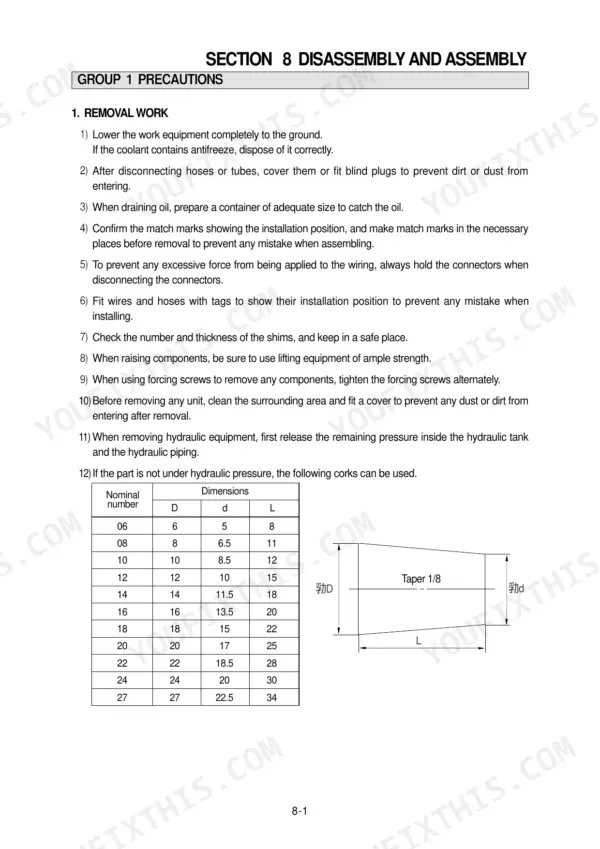 Hyundai R170W-7 disassembly and assembly precautions, removal work procedures, and cork dimension table with diagram.