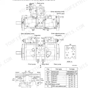 Hyundai R170W-7A main pump structure diagram, hydraulic circuit, and port specifications table.