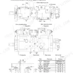 Hyundai R180LC-7A, R180NLC-7A main pump structure diagram, hydraulic schematic, and port size specification table.