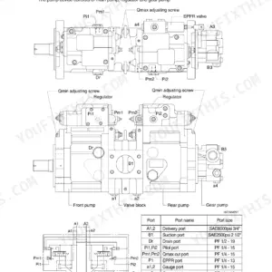 Hyundai R180LC-7A, R180NLC-7A main pump structure diagram, hydraulic schematic, and port size specification table.