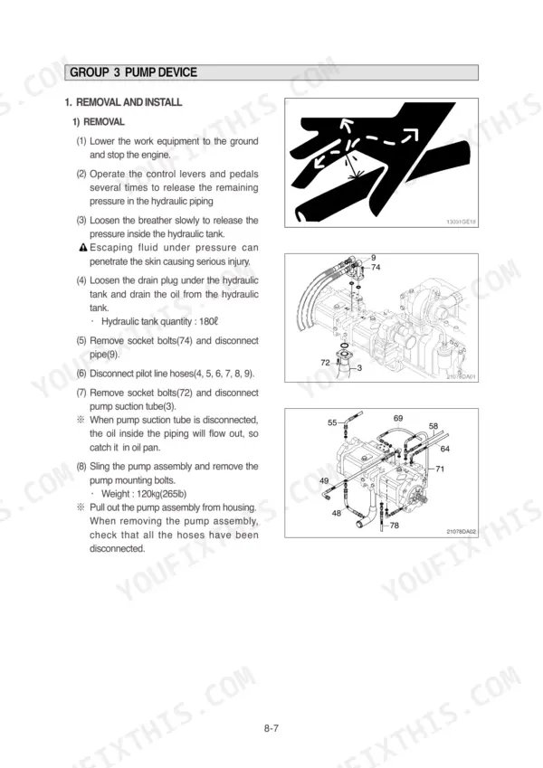 Hyundai R210LC-7 pump device removal and installation procedure with hydraulic pump assembly diagrams and hose connections.