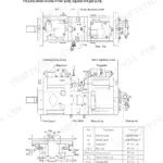 Hyundai R290LC-7 main pump structure diagram, regulator, gear pump, and hydraulic port size specification table.