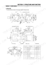 hyundai-r290lc-7-hydraulic-excavator-service-manual-exploded-view-38.webp Hyundai R290LC-7 main pump structure diagram, regulator, gear pump, and hydraulic port size specification table.